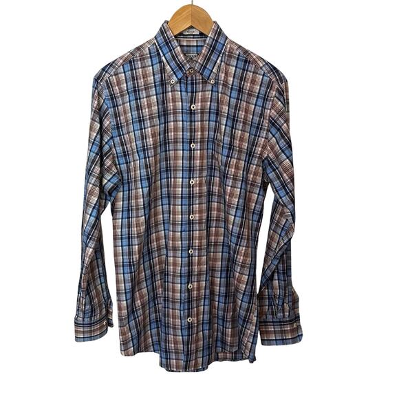 Peter Millar Plaid Button Down Shirt Mens Medium Blue Brown Career Casual - Picture 1 of 6